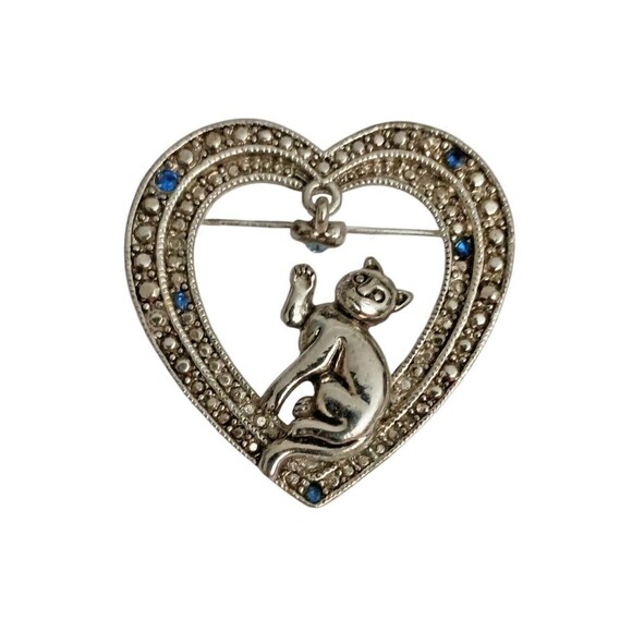 Heart Shaped Brooch Cat Heart Dangle Silvertone Pave Metal Blue Crystals - Picture 1 of 5
